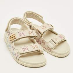 Pre Owned Gucci GG Size 37.5 Cream Canvas and Leather Slingback Sandals
