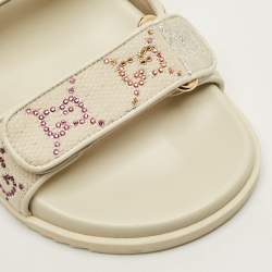Pre Owned Gucci GG Size 37.5 Cream Canvas and Leather Slingback Sandals