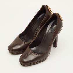 Pre Owned حذاء كعب عالي غوتشي جلد بني داكن نعل سميك شعار غوتشي المتشابك مقاس 35.5