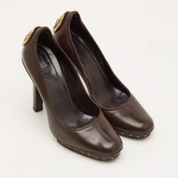 Pre Owned حذاء كعب عالي غوتشي جلد بني داكن نعل سميك شعار غوتشي المتشابك مقاس 35.5