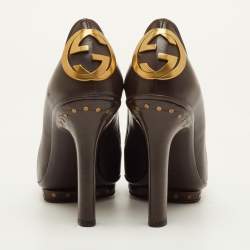 Pre Owned حذاء كعب عالي غوتشي جلد بني داكن نعل سميك شعار غوتشي المتشابك مقاس 35.5