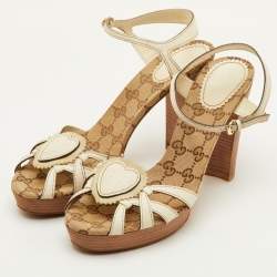 Pre Owned Gucci Crest Heart Size 39.5 Cream Leather GG Canvas Ankle Strap Platform Sandals