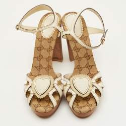 Pre Owned Gucci Crest Heart Size 39.5 Cream Leather GG Canvas Ankle Strap Platform Sandals