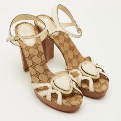 Pre Owned Gucci Crest Heart Size 39.5 Cream Leather GG Canvas Ankle Strap Platform Sandals
