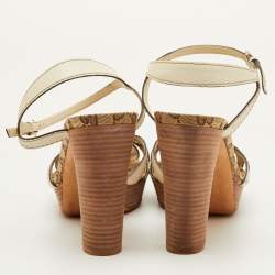 Pre Owned Gucci Crest Heart Size 39.5 Cream Leather GG Canvas Ankle Strap Platform Sandals