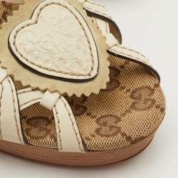 Pre Owned Gucci Crest Heart Size 39.5 Cream Leather GG Canvas Ankle Strap Platform Sandals