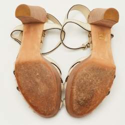 Pre Owned Gucci Crest Heart Size 39.5 Cream Leather GG Canvas Ankle Strap Platform Sandals