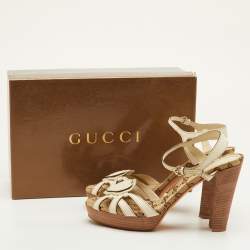 Pre Owned Gucci Crest Heart Size 39.5 Cream Leather GG Canvas Ankle Strap Platform Sandals