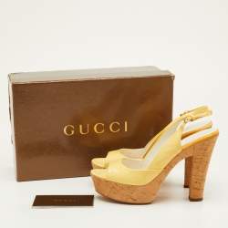 مملوكة مسبقًا صندل غوتشي منصة سميك قاعدة فلين جلد لامع أصفر مقاس 36