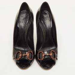 مملوكة مسبقًا حذاء كعب عالي غوتشي مقدمة مفتوحة بيت جلد أسود براءة اختراع حجم 36 قشرة سلحفاة بيت 