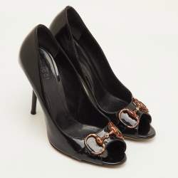 مملوكة مسبقًا حذاء كعب عالي غوتشي مقدمة مفتوحة بيت جلد أسود براءة اختراع حجم 36 قشرة سلحفاة بيت 