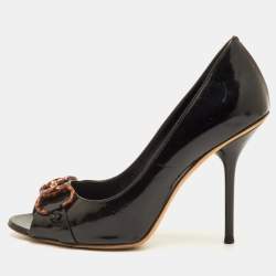 مملوكة مسبقًا حذاء كعب عالي غوتشي مقدمة مفتوحة بيت جلد أسود براءة اختراع حجم 36 قشرة سلحفاة بيت 