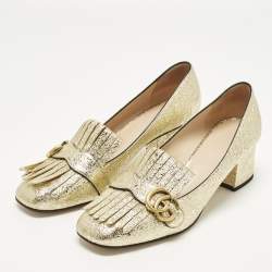 مملوكة مسبقًا حذاء كعب عالي غوتشي جلد قوام ذهبي شراشيب كعب مخرطات مقاس 41.5