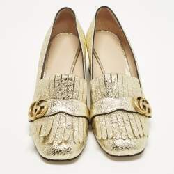 مملوكة مسبقًا حذاء كعب عالي غوتشي جلد قوام ذهبي شراشيب كعب مخرطات مقاس 41.5