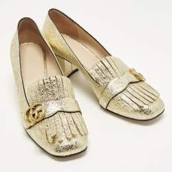 مملوكة مسبقًا حذاء كعب عالي غوتشي جلد قوام ذهبي شراشيب كعب مخرطات مقاس 41.5