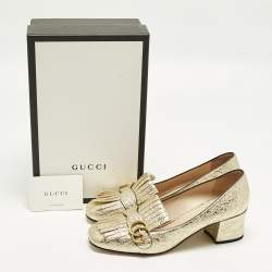 مملوكة مسبقًا حذاء كعب عالي غوتشي جلد قوام ذهبي شراشيب كعب مخرطات مقاس 41.5