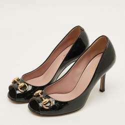 Pre Owned Gucci Horsebit Size 35 Black Microguccissima Patent Leather Peep Toe Pumps