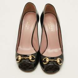 Pre Owned Gucci Horsebit Size 35 Black Microguccissima Patent Leather Peep Toe Pumps