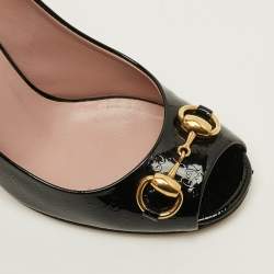 Pre Owned Gucci Horsebit Size 35 Black Microguccissima Patent Leather Peep Toe Pumps