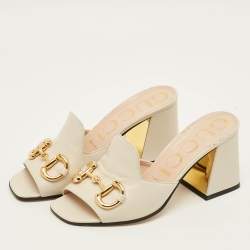 Pre Owned Gucci Horsebit Size 37 Cream Leather Block Heel Slide Sandals