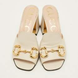 Pre Owned Gucci Horsebit Size 37 Cream Leather Block Heel Slide Sandals