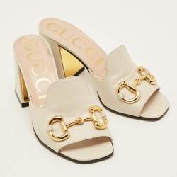 Pre Owned Gucci Horsebit Size 37 Cream Leather Block Heel Slide Sandals
