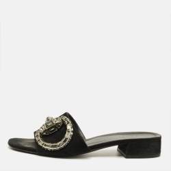 Pre Owned Gucci Maxime Size 37.5 Black Suede Slide Sandals