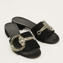 Pre Owned Gucci Maxime Size 37.5 Black Suede Slide Sandals