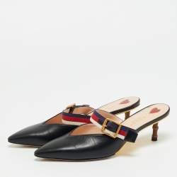 Pre Owned حذاء مولز كعب خيزران غوتشي ويب جلد أسود مقدمة مدببة مقاس 40.5