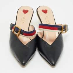 Pre Owned حذاء مولز كعب خيزران غوتشي ويب جلد أسود مقدمة مدببة مقاس 40.5