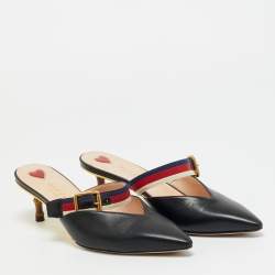 Pre Owned حذاء مولز كعب خيزران غوتشي ويب جلد أسود مقدمة مدببة مقاس 40.5