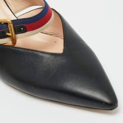 Pre Owned حذاء مو لز كعب خيزران غوتشي ويب جلد أسود مقدمة مدببة مقاس 40.5