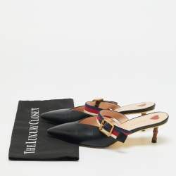 Pre Owned حذاء مولز كعب خيزران غوتشي ويب جلد أسود مقدمة مدببة مقاس 40.5