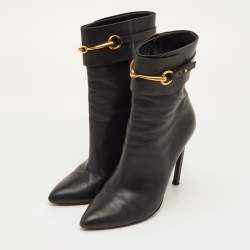 Pre Owned Gucci Horsebit Accent Size 39 Black Leather Pointed Toe Mid Calf Boots