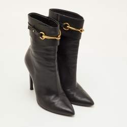 Pre Owned Gucci Horsebit Accent Size 39 Black Leather Pointed Toe Mid Calf Boots