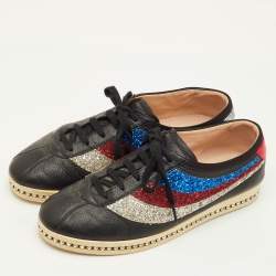 Pre Owned Gucci Falacer Size 40 Black Leather and Glitter Web Low Top Sneakers