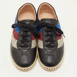 Pre Owned Gucci Falacer Size 40 Black Leather and Glitter Web Low Top Sneakers