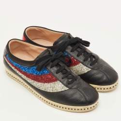 Pre Owned Gucci Falacer Size 40 Black Leather and Glitter Web Low Top Sneakers