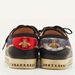 Pre Owned Gucci Falacer Size 40 Black Leather and Glitter Web Low Top Sneakers