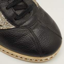 Pre Owned Gucci Falacer Size 40 Black Leather and Glitter Web Low Top Sneakers