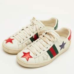 Pre Owned Gucci Ace Web Size 35 White Leather Star Low Top Sneakers