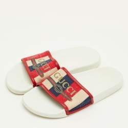 Pre Owned Gucci Size 39 Red Canvas and Leather Logo Pool Slide Sandals