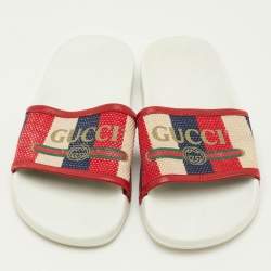 Pre Owned Gucci Size 39 Red Canvas and Leather Logo Pool Slide Sandals