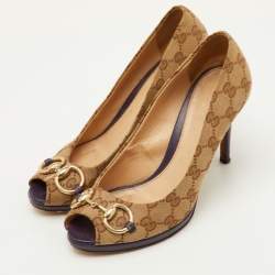Pre Owned Gucci Hollywood Size 38 Beige/Brown GG Canvas Peep Toe Pumps