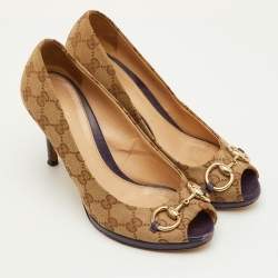 Pre Owned Gucci Hollywood Size 38 Beige/Brown GG Canvas Peep Toe Pumps