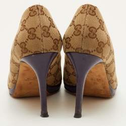Pre Owned Gucci Hollywood Size 38 Beige/Brown GG Canvas Peep Toe Pumps