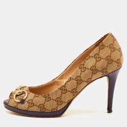 Pre Owned Gucci Hollywood Size 38 Beige/Brown GG Canvas Peep Toe Pumps