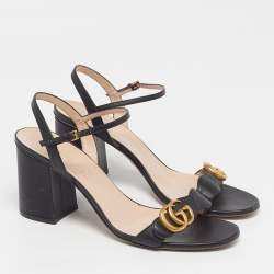 Pre Owned Gucci GG Marmont Size 40.5 Black Leather Block Heel Ankle Strap Sandals