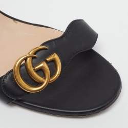 Pre Owned Gucci GG Marmont Size 40.5 Black Leather Block Heel Ankle Strap Sandals