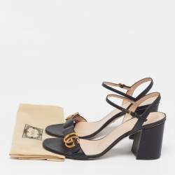 Pre Owned Gucci GG Marmont Size 40.5 Black Leather Block Heel Ankle Strap Sandals